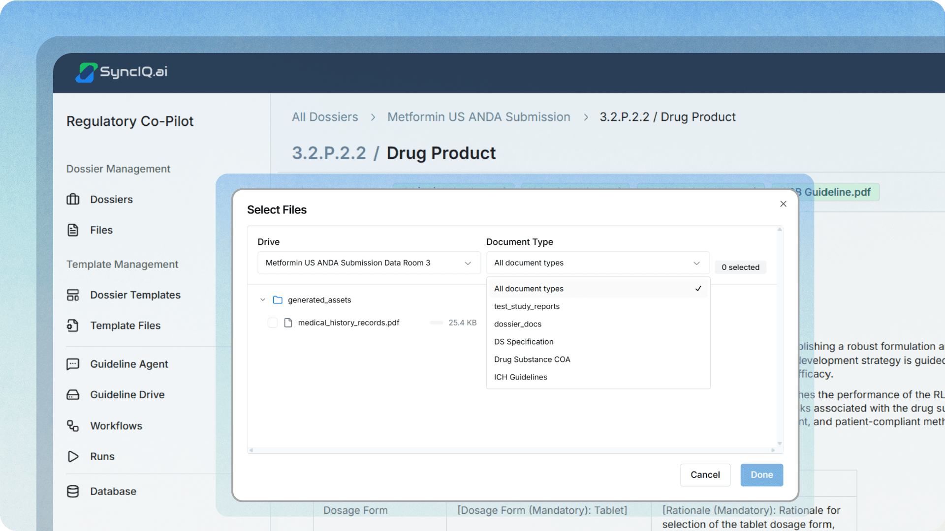 A Select Files dialog in SyncIQ Regulatory Co-Pilot showing a submission data room with source files classified by document type: test study reports, dossier docs, DS Specification, Drug Substance COA and ICH Guidelines.